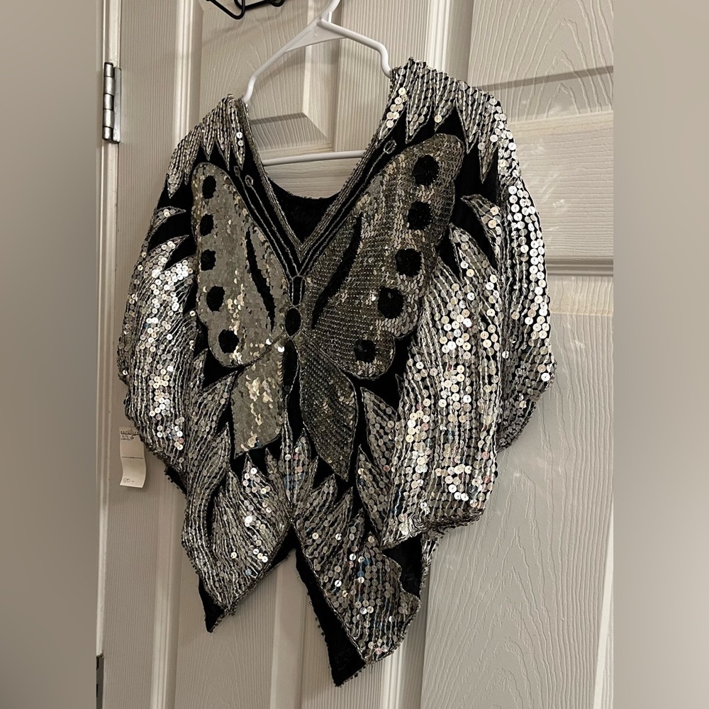 VINTAGE~SILK SEQUIN BUTTERFLY BLOUSE~26X24~ NWT - Picture 8 of 10